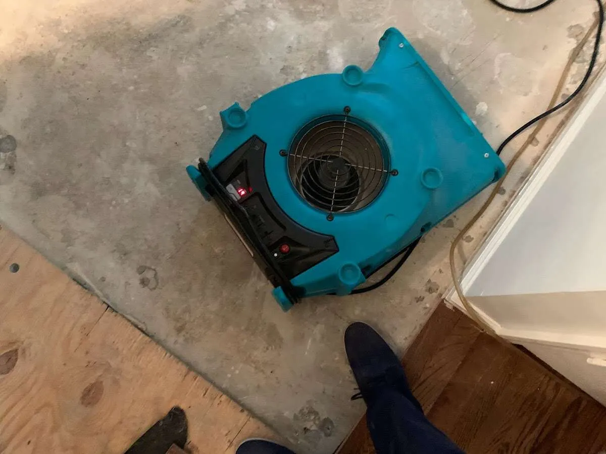 Air mover drying subfloor during Commercial Water Damage Restoration in Ravenna